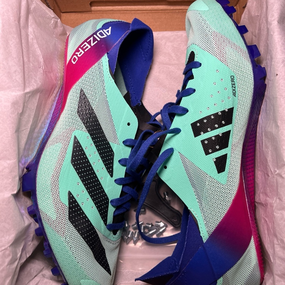 Adidas Adizero Cleats in Teal, Blue, and Pink